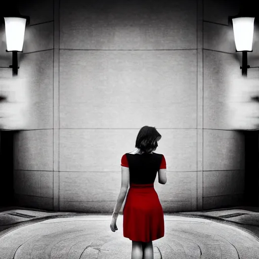 Image similar to beautiful woman in a short coffee dress standing under the circle of light on the street, grayscale phtoto with red dress, photo noire style, high resolution, 4k, highly detailed, attention to details, detailed face, realism, photo-realism, photo by marco glaviano, 35mm