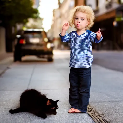 Prompt: male toddler with light hair pointing at cat on the sidewalk