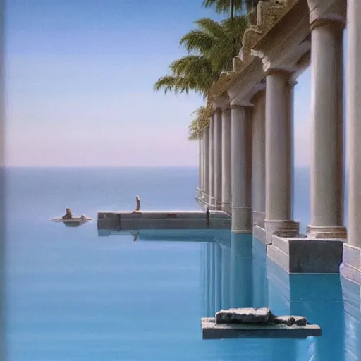 Image similar to David Ligare masterpiece, hyperrealistic surrealism, award winning masterpiece with incredible details, beautiful lighting, pool caustics, illuminated orbs, epic stunning, infinity pool, a surreal vaporwave liminal space, highly detailed, trending on ArtStation, broken giant marble head statue ruins, calming, meditative, geometric liminal space, palm trees, very vaporwave, very very surreal, sharp details, giant gold rings