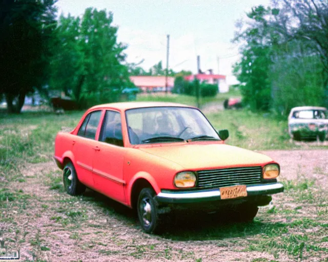 Image similar to a lomographic photo of old lada 2 1 0 7 standing in typical soviet yard in small town, hrushevka on background, cinestill, bokeh