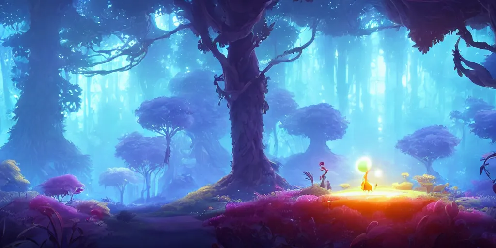 Image similar to Ori and the blind forest, side scrolling trees, Neon Lighting, Subject in Middle, Rule of Thirds, 4K, Retrofuturism, Studio Ghibli, Simon Stålenhag