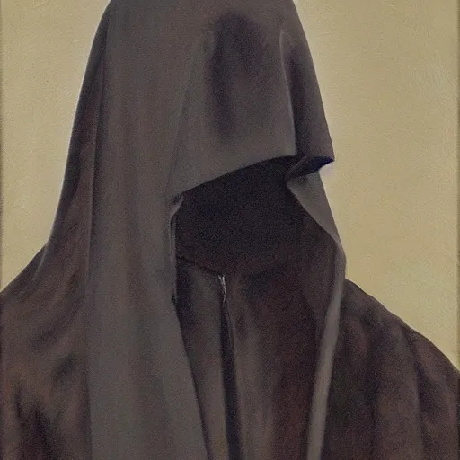 Image similar to a portrait of a man wearing a long dark cloak, hood and shadows covering face, oil painting, high detail