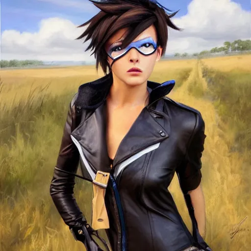 Image similar to oil painting of tracer overwatch in a field wearing very large black leather collar around neck, in style of mark arian, expressive face, very detailed face, very detailed eyes, full body, feminine face, detailed makeup on eyes, tracer overwatch,