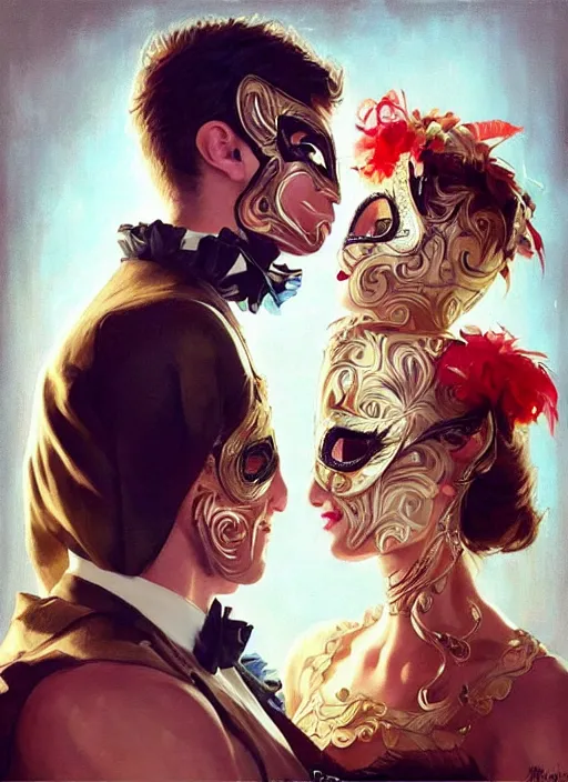 Image similar to a beautiful couple, a man and a woman, wearing elaborate masquerade masks and matching clothing, looking at each other with an alluring expression. painting by artgerm and greg rutkowski and magali villanueve