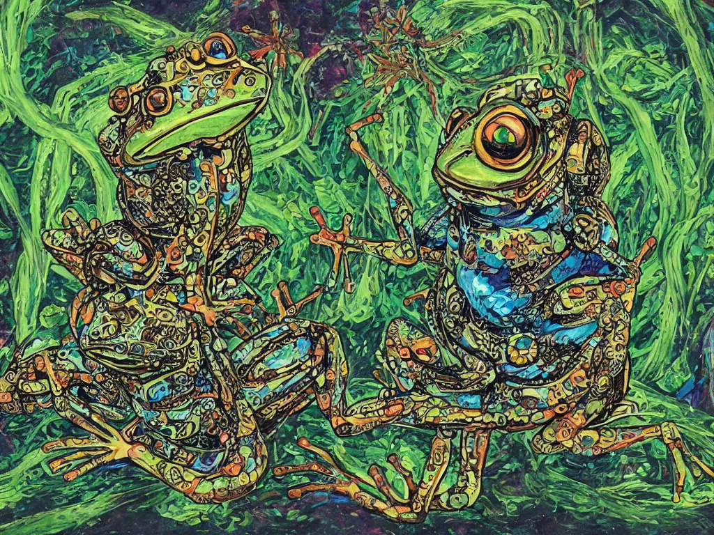 Image similar to a cyborg frog leaps out of an ayahuasca painting