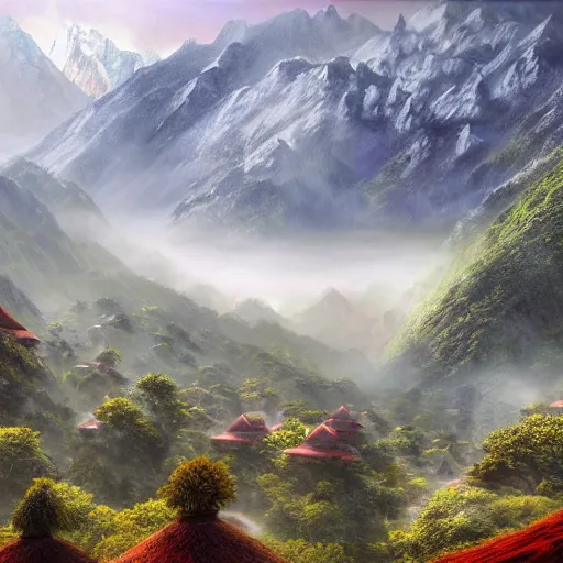 Image similar to a beautiful and highly detailed digital art of nepal in science fiction movie, detailed high buildings and rockets, forgotten valley, nepali architecture buildings, swirling mist, lush forests, intricate details, epic scale, insanely complex, 8 k, sharp focus, hyper realism, fantasy landscape, psychedelic, by caspar friedrich,