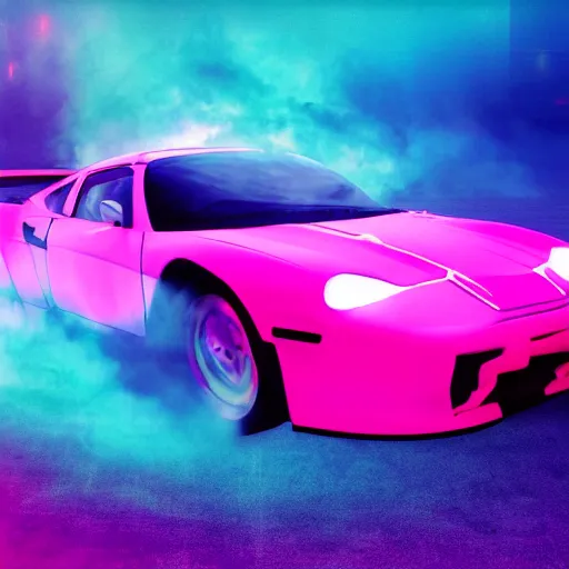 Prompt: synthwave poster of sports car in bland plains, with blue fog, purple fog, pink fog in the background and laser neon trims