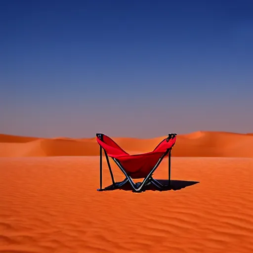 Prompt: a red camping chair in the middle of the sahara desert