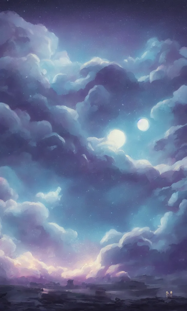 Image similar to a beautiful painting of ice age, starry sky, moon ， cloud, by liam wong and yuumei and yanjun chen, trending on artstation