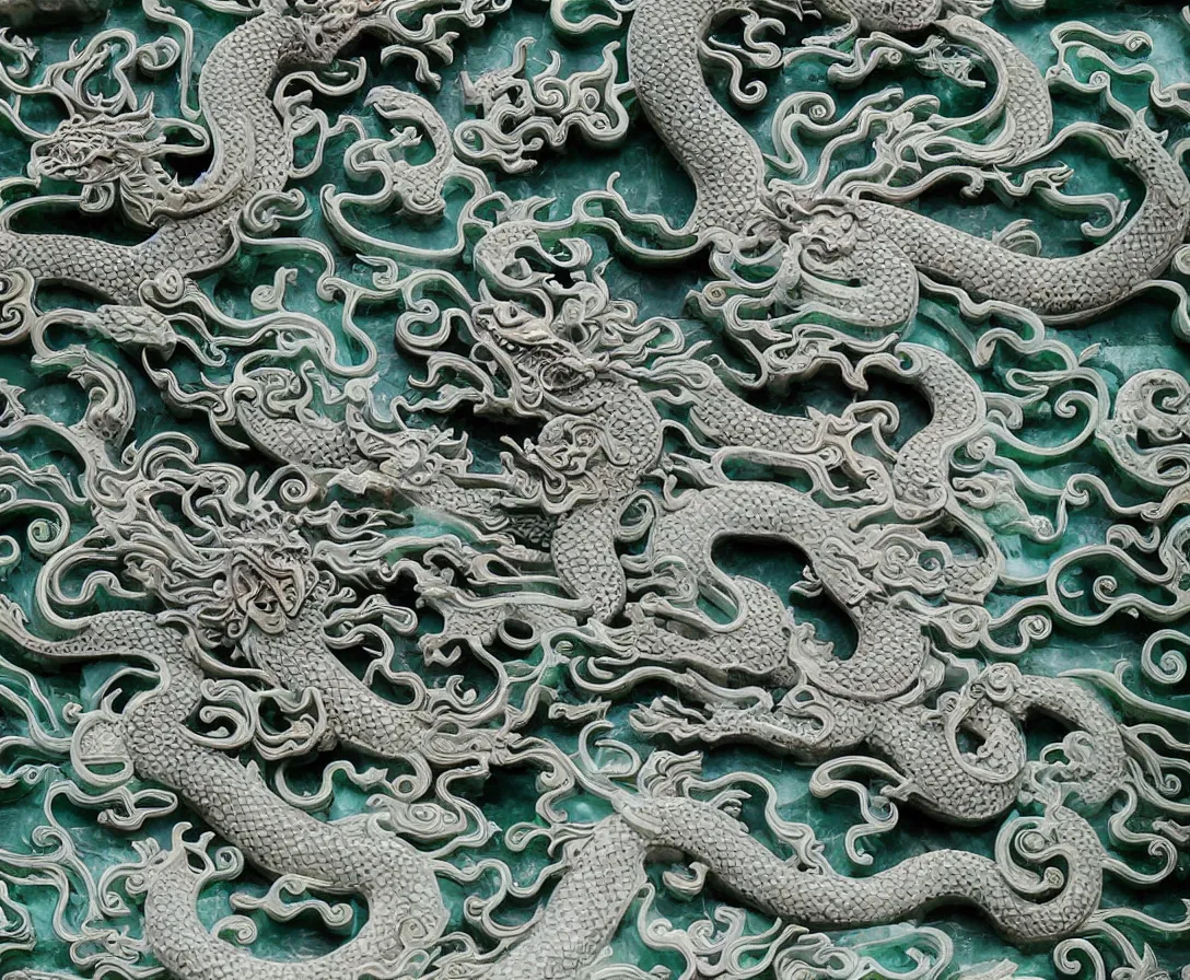 Image similar to an intricately detailed jade dragon soaring over ancient chinese temples