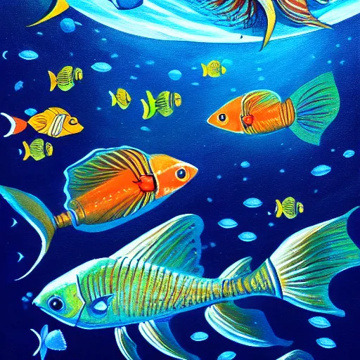 Image similar to i am at the bottom of the ocean looking up, see fishes swimming, the milk way up above, night time, midnight. highly detailed painting 8 k