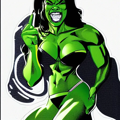 Image similar to Actress Gabrielle Union as She-Hulk, poster framed, comic pinup style, sports illustrated, highly detailed, artstation, illustration, posterized, Roge Antonio, Jen Bartel