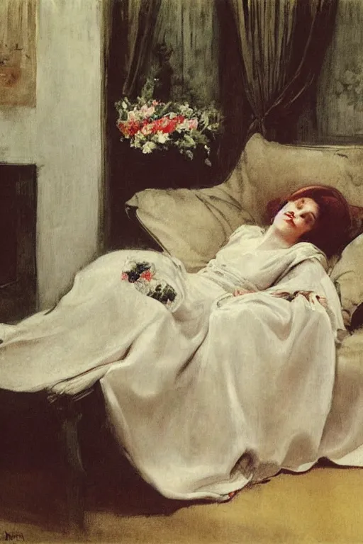 Prompt: european woman in a gown relaxing on couch, bloom flowers, modern, eclectic, illustration, by ramon casas