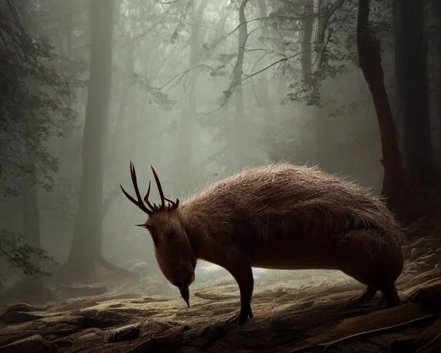 Prompt: 5 5 mm portrait photo of an armored demonic capybara with antlers, in a magical forest. dark atmosphere. art by greg rutkowski. highly detailed 8 k. intricate. lifelike. soft light. nikon d 8 5 0.