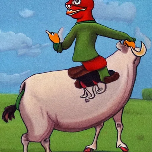 Image similar to pepe riding a bull