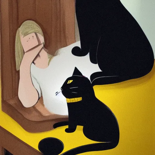 Image similar to a giant black cat with yellow eyes looking through a window at a sleeping blonde girl