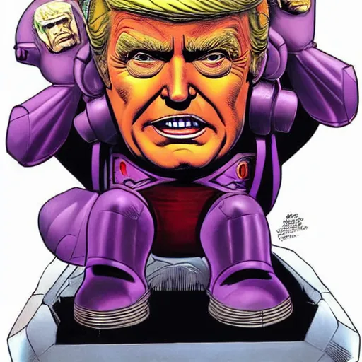 Image similar to donald trump's head as modok, the mental organism designed only for killing, little man in hovering throne, full body, psychic alien with huge head, marvel supervillain character