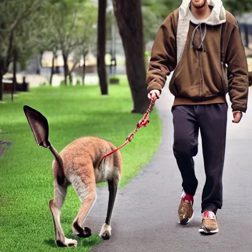 Image similar to Pete Davidson walking a kangaroo, 4k, photorealistic,