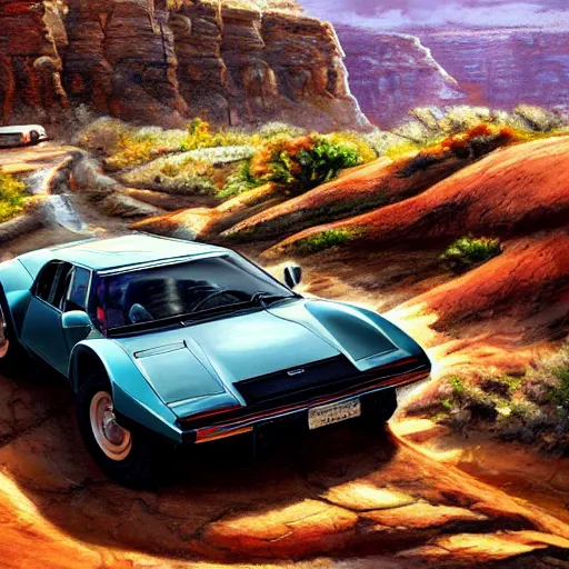 Prompt: full view of a classic supercar from 1980's with off-road tires, driving through rough terrain in a canyon, intricate, elegant, highly detailed, digital oil painting, concept art, smooth, sharp focus, art style from Bruce Kaiser and Scott Robertson and Dmitry Mazurkevich and Doruk Erdem and Jon Sibal