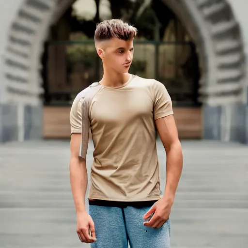 Prompt: Athletic Young man wearing a beige t-shirt and military backpack, Professional photography, Photorealism - W 768