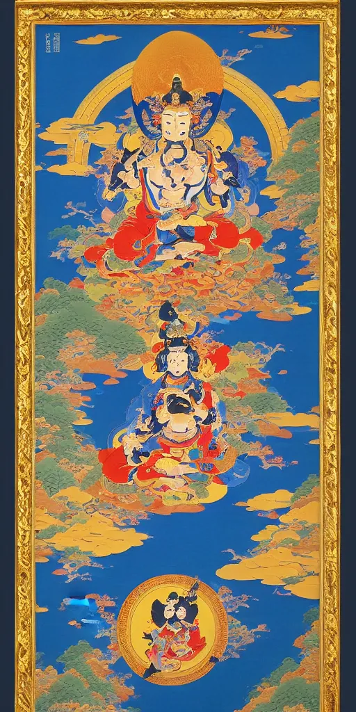 Image similar to a Beautifully exquisite WUKONG Thangka, with intricate details and bright colors. The background is a deep blue, with mountains and clouds. The thangka is framed in a gold border, from which rays of light are emanating, by WU DAOZI, zhang xuan, qiu ying, Chris Saunders,