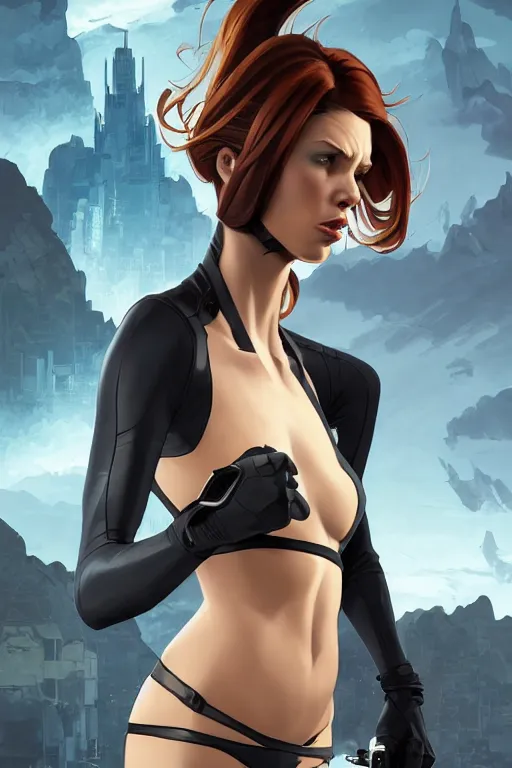 Image similar to gta kim possible as aeon flux profile picture by greg rutkowski, dynamic pose, intricate, futuristic, fantasy, elegant, by stanley artgerm lau, greg rutkowski, thomas kindkade, alphonse mucha, loish, norman rockwell, fantasy lut, asymmetric, long hair, retro computer graphics, video game, fluid lines,