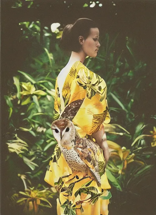 Image similar to grainy head to shoulder portrait Polaroid film photograph of an elegant top model wearing a yellow kimono with a very detailed barn owl on her shoulder!!! in a tropical greenhouse. looking at the camera!!. super resolution. Polaroid 600 film. art by Alessio albi and Annie Leibovitz and Rineke Dijkstra.