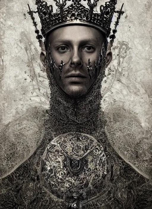 Image similar to portrait of king arthur knight with a crown with engravings, studio portrait against a black background, modern fine art, fractal, intricate, elegant, highly detailed, digital photography, subsurface scattering, in the style of ghost, by jheronimus bosch and yue minjun and giger and greg rutkowski,