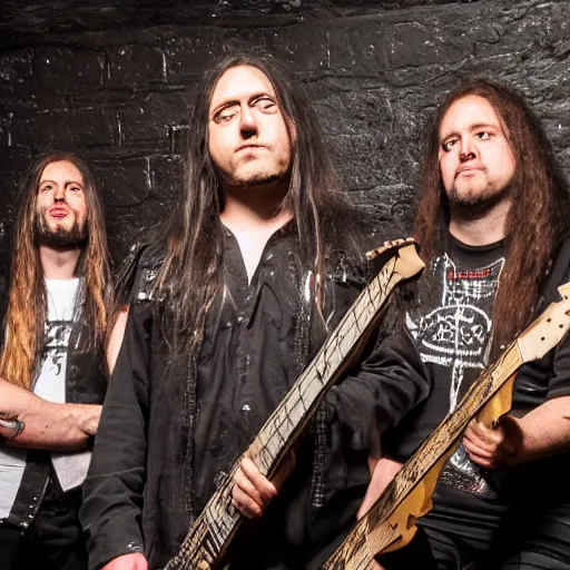 Prompt: a heavy metal band on stage in a tiny pub in England, empty room, center angle, close shot, professional photograph