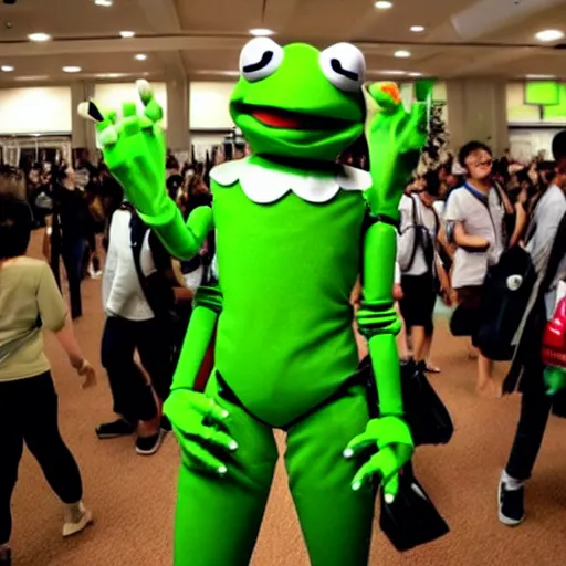 Image similar to a robot in a kermit the frog costume at a anime convention