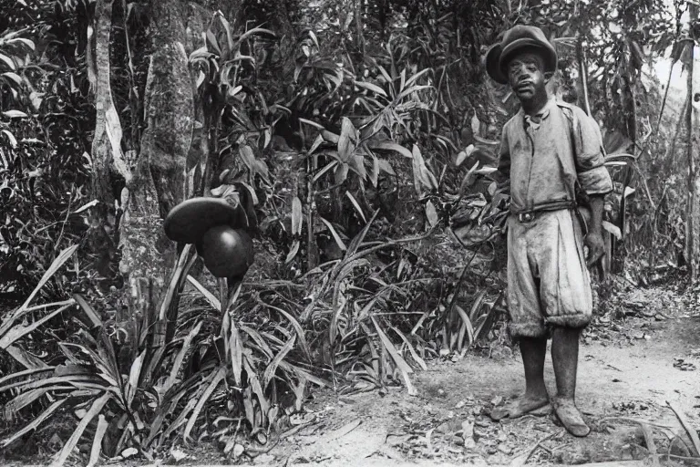 Prompt: a 1 9 0 5 colonial closeup photograph of mickey mouse in a village at the river bank of congo, thick jungle, wide angle shot