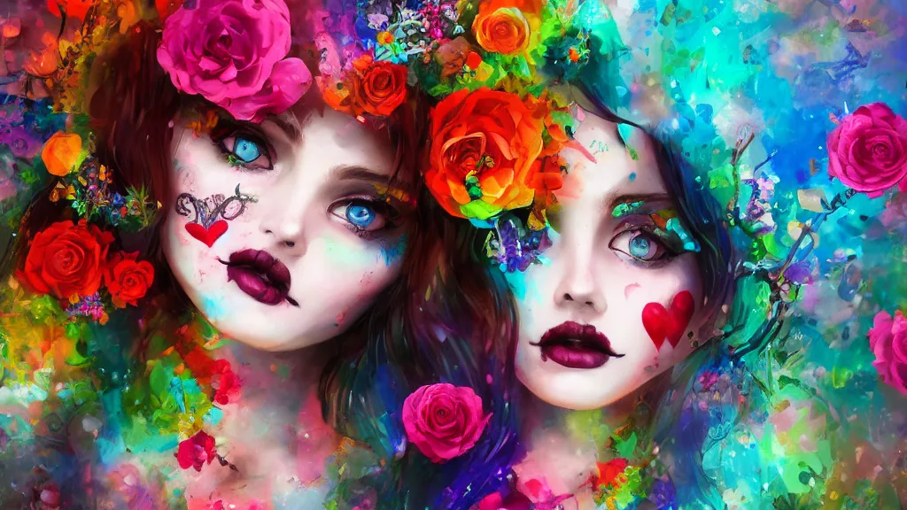 Prompt: stunning colorfull mixed media art, gotic stunning girl, flowers, heart symbol, skulls, art by cgsociety, 8 k, high resolution