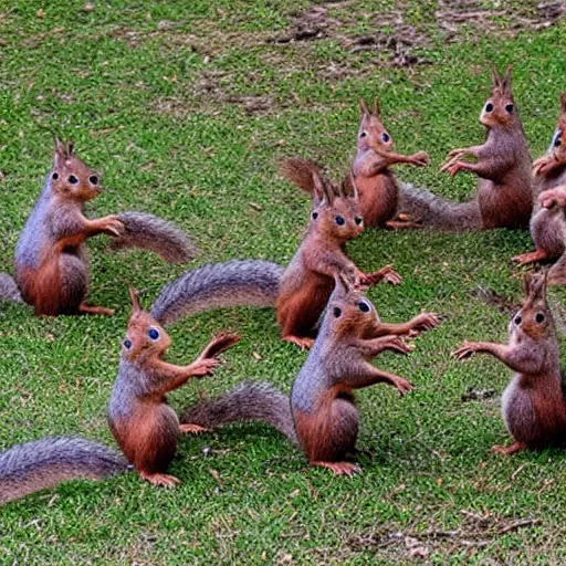 Image similar to army of squirrels fighting against child