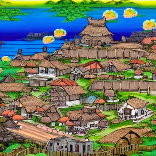 Image similar to village by a river in the style of Eiichiro Oda