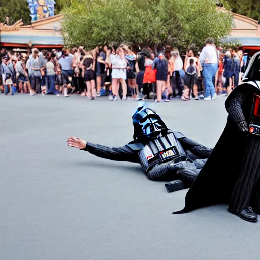 Image similar to darth vader trips and falls down in front of a crowd in star wars land at disneyland, real life, high quality photo