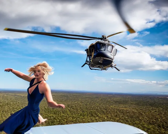 Image similar to a photo of margot robbie in the air jumping from a helicopter, hyper realistic faces, beautiful eyes, cinematic, long shot, hyper detailed, 8 5 mm photograph, 8 k resolution, film still, sharp lens, wide lens