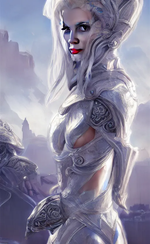 Image similar to portrait white hair knights of zodiac girl, sliver ice color reflected armor, in ruined agora of athens sunrise, ssci - fi and fantasy, intricate and very very beautiful and elegant, highly detailed, digital painting, artstation, concept art, smooth and sharp focus, illustration, art by tian zi and wlop and alphonse mucha