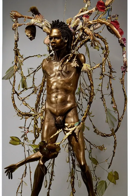 Image similar to Jean-Michel Basquiat as a bronze full-body statue of Icarus in the position of spreading his arms like a bird , glowing quartz crystal skull, wreath of ferns, flowing sakura-colored silk, fabric, flowers. baroque elements, human skull. full-length view. baroque element. intricate artwork by caravaggio. many many birds birds on background. Trending on artstation. halo. octane render, cinematic, hyper realism, octane render, 8k, depth of field, 3D