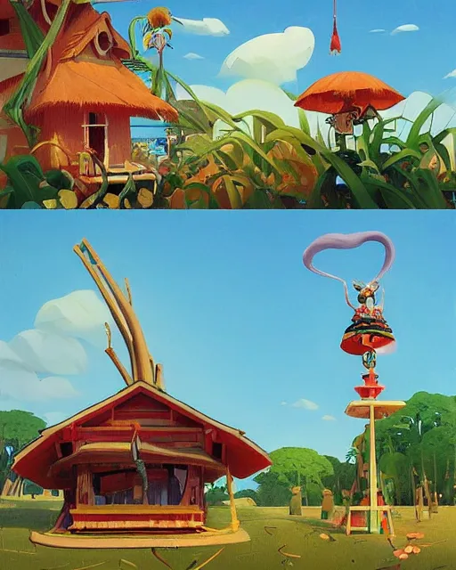 Image similar to a painting of a tribal tiki hut with a totem pole by its side, a surrealist painting by Takashi Murakami and by Naoto Hattori, Edward Hopper and James Gilleard, Zdzislaw Beksinsk, by Jesper Ejsing, by RHADS, Makoto Shinkai and Lois van baarle, trending on deviantart, pop surrealism, lowbrow, grotesque, whimsical