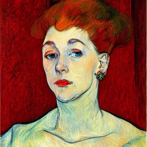 Prompt: portrait of a woman, oilpaint, red hair, earrings, henry de toulouse lautrec