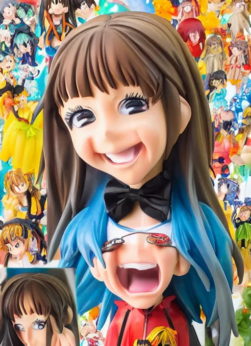 Prompt: a lifelike oil panting of an anime girl figurine caricature with a big dumb grin featured on Nickelodeon by arthur szyk