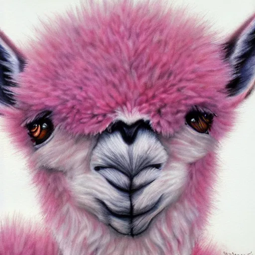 Image similar to detailed portrait painting of a pink alpaca wearing a suit, manga, trending on artstation, by Hayao Miyazaki, beautiful, colorful