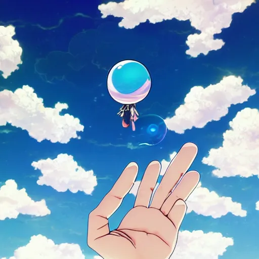 Prompt: anime key visual of a hand made of glass with only 3 fingers and no arm while it floats above clouds central to the frame, official media, trending on artstation, in the style of takashi murakami