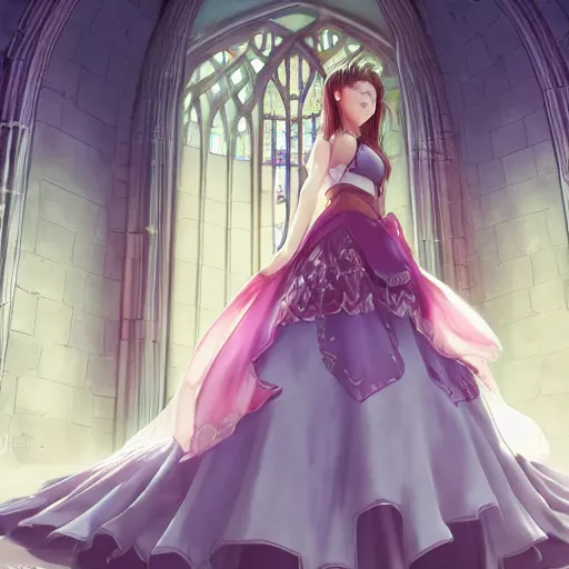 Prompt: aerith from final fantasy in a beautiful dress standing in front of a church, concept art, beautiful lighting, 8 k, digital art, trending on artstation, by yoshitaka amano