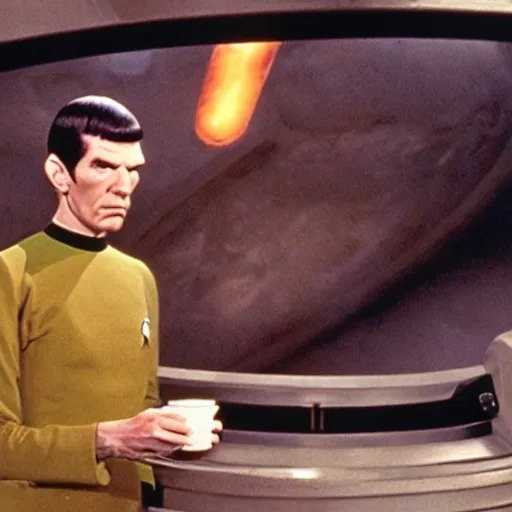 Image similar to mr spock drinking coffee on the bridge of the enterprise, cinematic, movie still