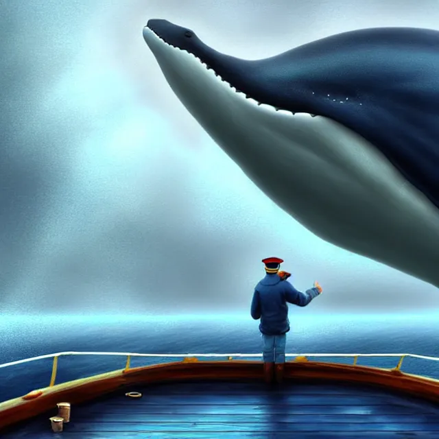 Image similar to epic professional digital art of an anthropomorphic blue whale sea captain standing on the deck of trawler and piloting it in a rainstorm, best on artstation, breathtaking, epic, stunning, gorgeous, much detail, much wow, cgsociety, wlop, pixiv, behance, deviantart, masterpiece, UHD, 8K