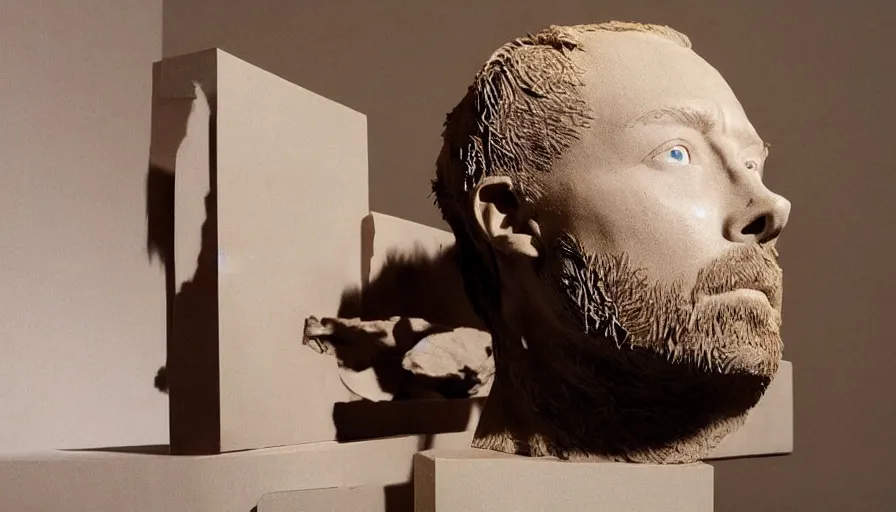 Prompt: a bust of thom yorke made of chocolate, sitting on a table
