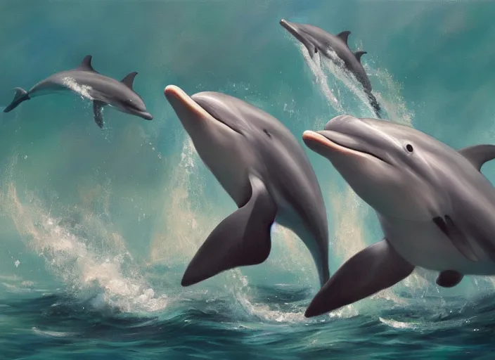 Image similar to dolphin swimming, oil painting by jama jurabaev, extremely detailed, brush hard, artstation, for aaa game, high quality, brush stroke