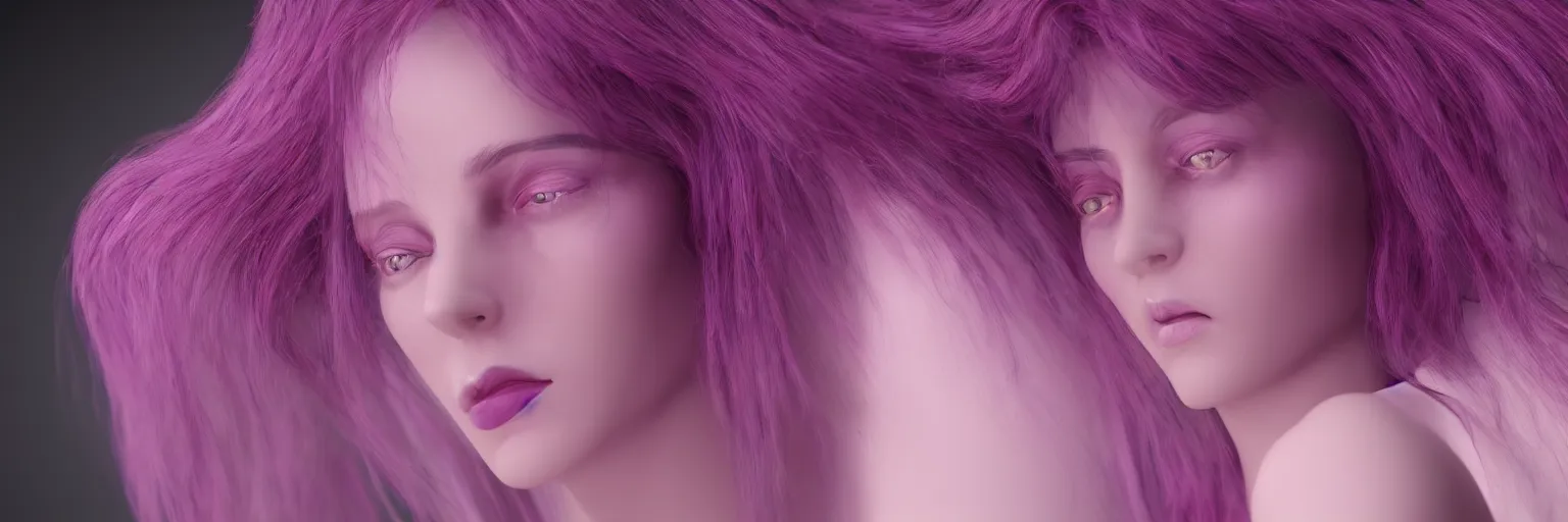 Image similar to A portrait of a very beautiful goddess with pink and deep purple hair radiating an artwork of volumetric displacement, houdini, arnold render, hyperrealism, subsurface scattering, 8k, xparticles