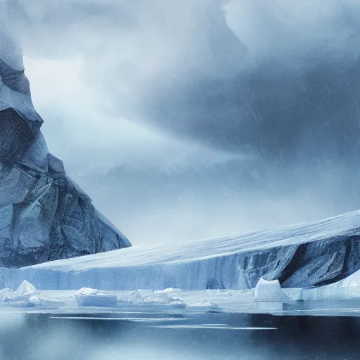 Image similar to a dreamlike antarctic landscape in stormy weather, matte painting